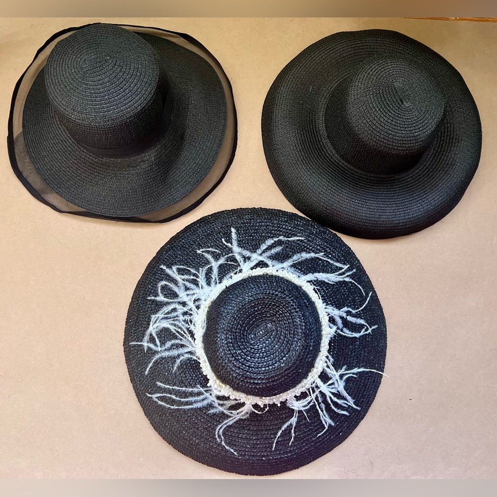 Bundle of 3 Black Wide-Brimmed Hats with Decorative Patterns